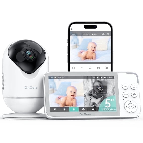 Dr.Care 5" Smart WiFi Baby Monitor with 2K HD Security Camera,APP Control, Cry & Motion Detection,Pan-Tilt-Zoom,Temp, Nightvision, 2-Way Talk