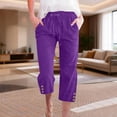 thumbnail image 2 of Capri Pants for Women Spring Summer Cotton Linen Straight Wide Leg Loose Drawstring Elastic Waist Cropped Trouser Purple 2XL, 2 of 7