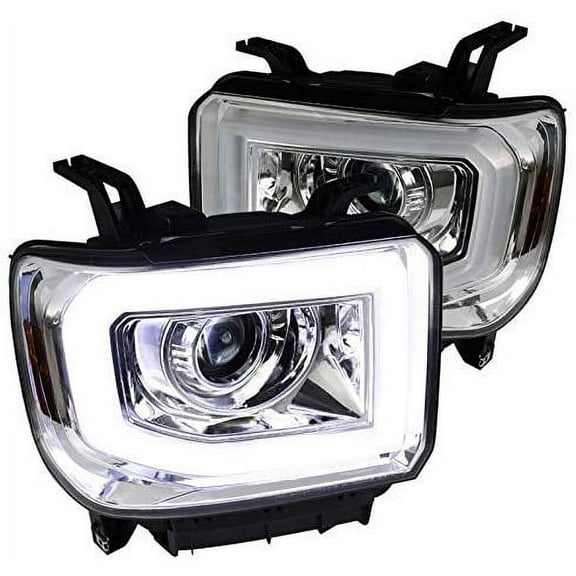 DRL LED Switchback Signal Light Bar Strip Projector Headlight Head Lamp In Chrome Housing Clear Lens Made For And Compatible With 2014 - 2015 GMC Sierra 1500 15-17 2500HD 3500HD