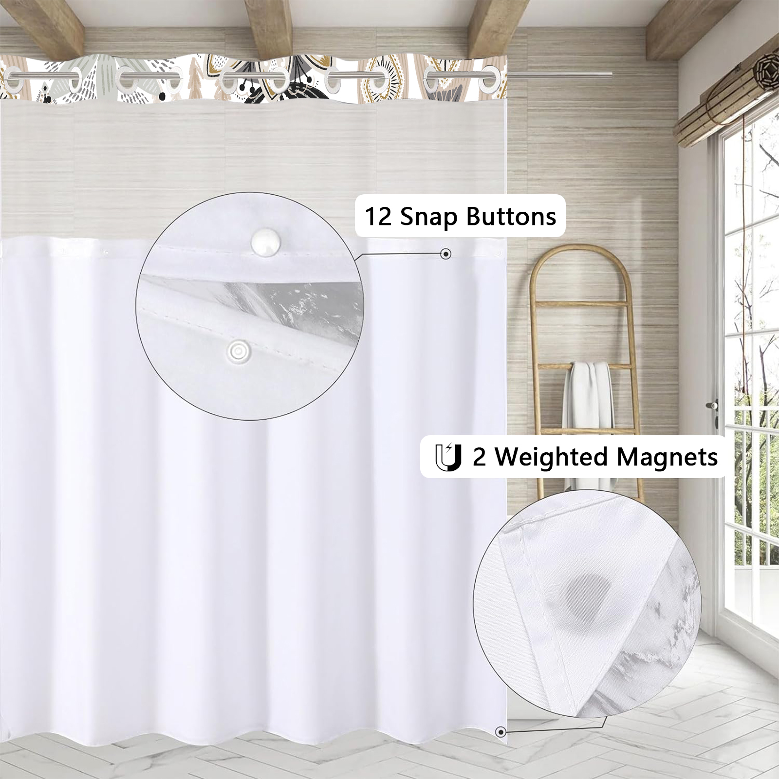 No Hook Farmhouse Floral Shower Curtain, Boho Abstract Colorful Leaves Shower Curtain with Snap Liner, Waterproof Curtain with Mesh Top Window Rustic Vintage Decor for Bathroom 71" X 74"