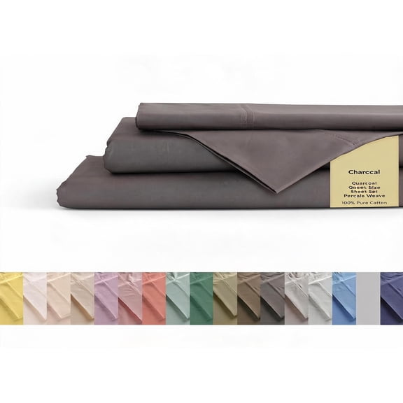 100% Cotton Percale Sheet Set Queen Size Charcoal 4 Piece Deep Pocket 15 Inch Fitted Flat and 2 Pillowcases