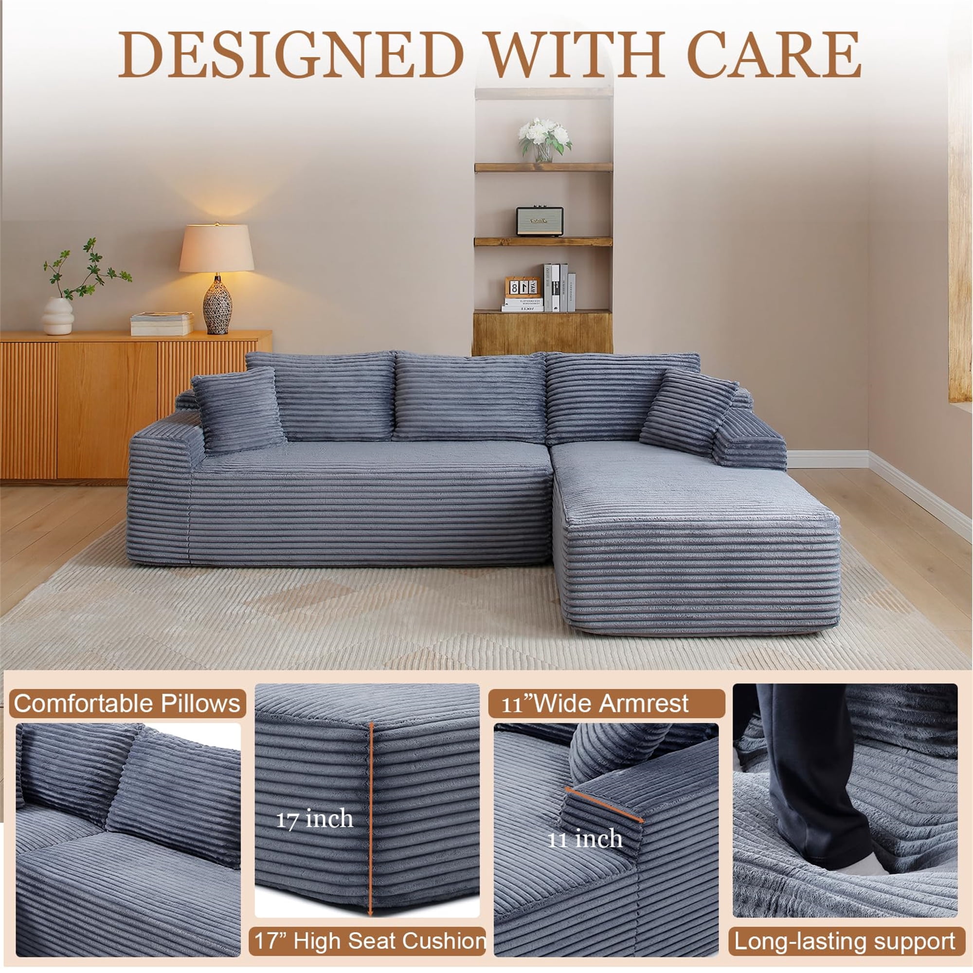 Aukfa 105" Cloud Sectional Sofa Boneless Couch Modular Sofa Bed for Living Room, 2Pillows, Right Chiase, Corduroy, Gray