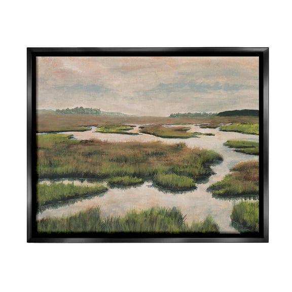 Stupell Industries Asymmetrical Stream Nature Landscape Painting Black Floater Framed Canvas Art Print Wall Art, 21 x 17