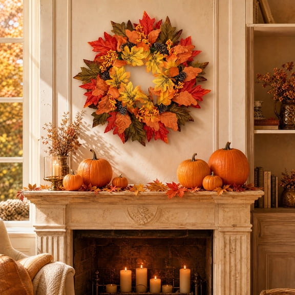 Fmbmuo Fall Wreath 22 Inch Artificial Sunflower Pumpkin Maple Leaf Wall Hanging Festive Harvest Thanksgiving Decor,Yellow