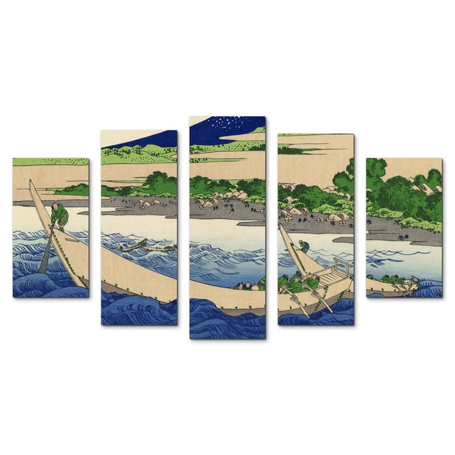 Juego de Cuadros Decorativos, Aldea Japonesa de Hokusai, Estilo Ukiyo-e Sereno, 5 Piezas, Ideal para Comedores y Salas de Estar, 150x80cm