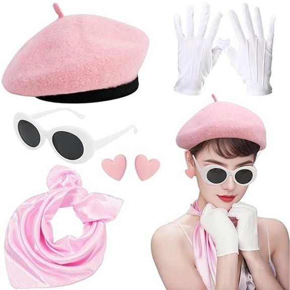 SDFGTstore Women 1980s Cosplau Outfit Accessories Beret Hat Glasses Heart Earring Scarf Gloves for Theme Party