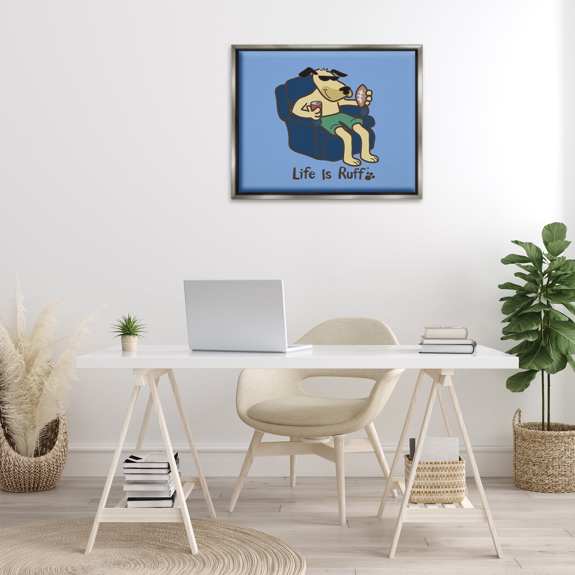 Stupell Industries Lounging Dog with Football Animals Painting Gray Floater Framed Canvas Art Print Wall Art, 31 x 25