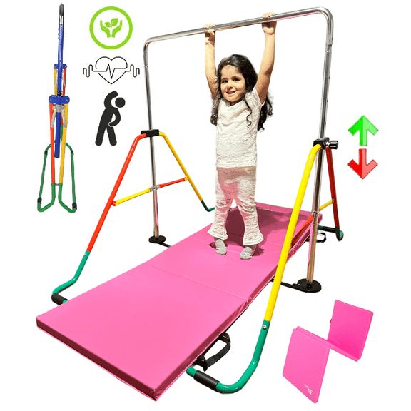 Iron Bar Expandable Gymnastics Bars for Kids with 6'x2' FT Tumble Mat, Junior Training Children Horizontal Kip Bar Adjustable Height Gymnastic Bar Playground, Foldable Jungle Gym Monkey Bars, Green