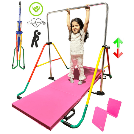 Iron Bar Expandable Gymnastics Bars for Kids with 6'x2' FT Tumble Mat, Junior Training Horizontal Kip Bar Adjustable Height for Children Gymnastic Bar Playground, Folding Jungle Gym Monkey Bars Yellow
