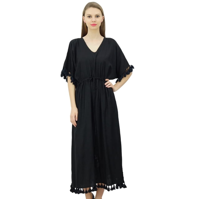 Bimba Robe Kaftan à Franges pour Femme, Manches Kimono, Longue Maxi, Couvre-Maillot