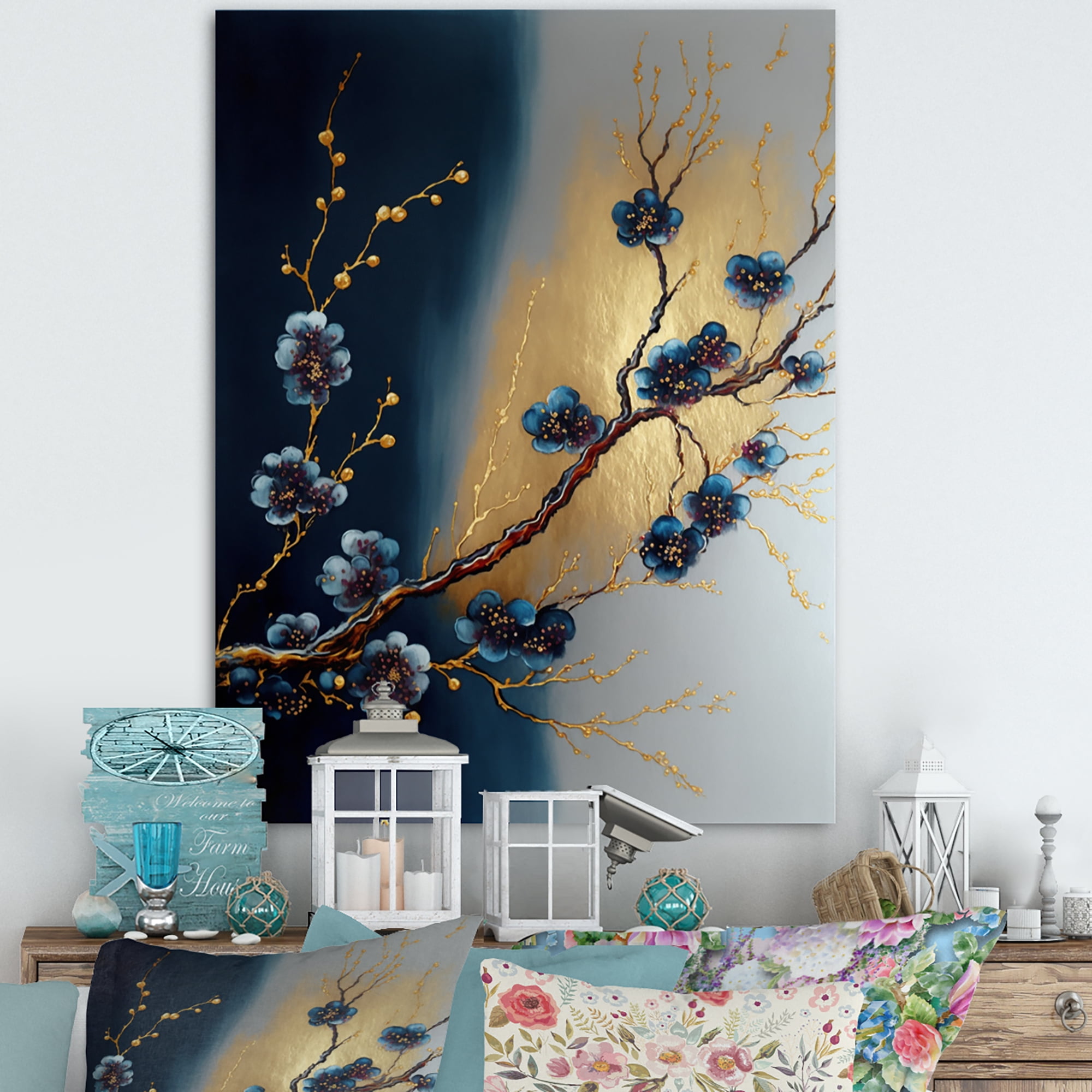Designart Blue Cherry Blossom Branch III Canvas Wall Art