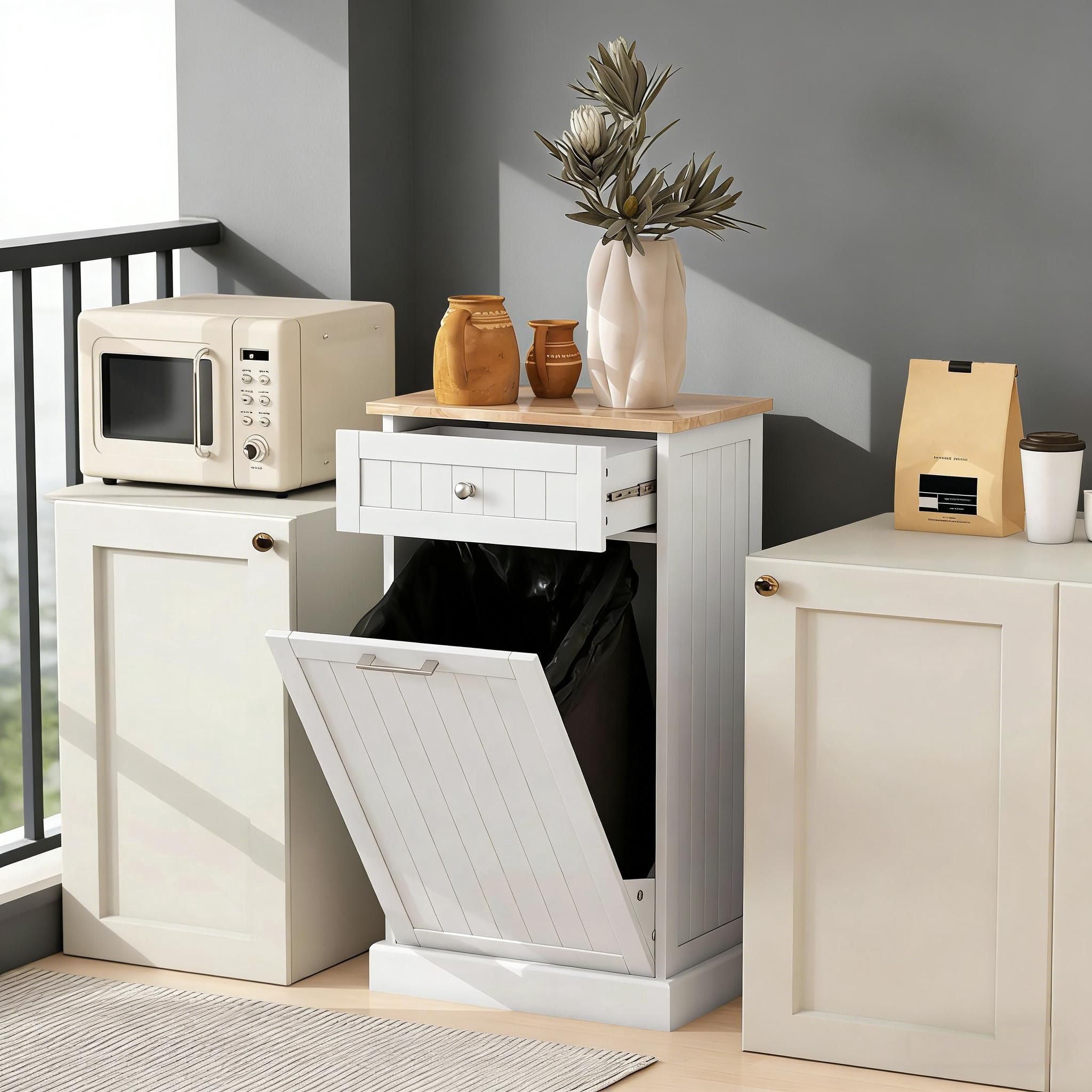 Hidden Trash Can Cabinet with Storage Drawer, Tilt-Out Door, Fits Up to 10 Gallon Bin, MDF and Particle Board, 20 in Wide, for Kitchen, Hallway, Laundry Room