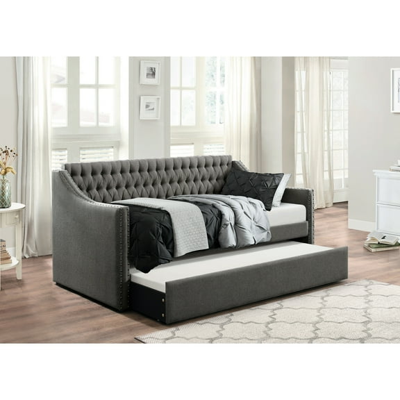 1pc Dark Gray Fabric Upholstered Trundle Bed With Comfort Padding Day And Button- Back