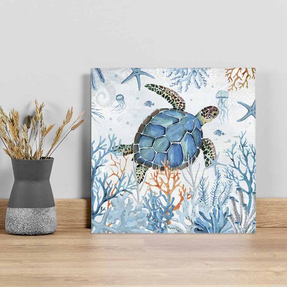 Turtle Wall Art Painting on Canvas, Blue Coastal Starfish Ocean Coral Nautical Canvas Art Home Prints Wall Art Framed Modern Artwork for Living Room Bedroom Wall Decor 8x8in