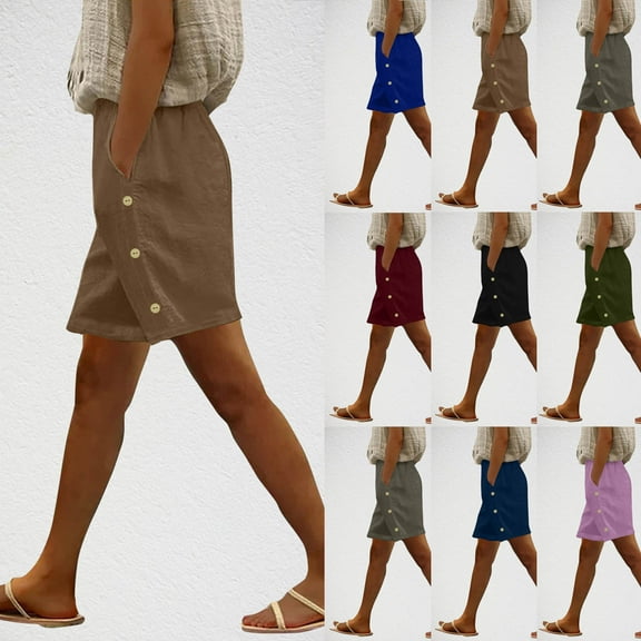 Lightning Sales of Today! lcziwo Womens Summer Cotton Linen Shorts High Waisted Side Button Trim Shorts Baggy Casual Travel Beach Shorts with Pockets Black XXL