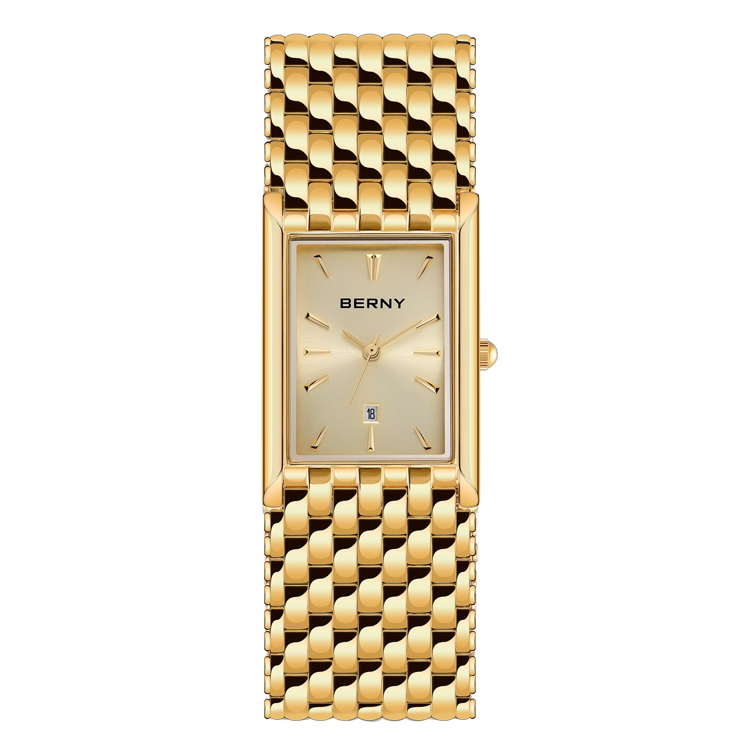 BERNY Men's Gold Rectangular Watch, Stainless Steel Band Quartz Wristwatch, Date Display, 3ATM Water Resistant, Folding Buckle, Classic Business Dress Watch for Men (Gold)