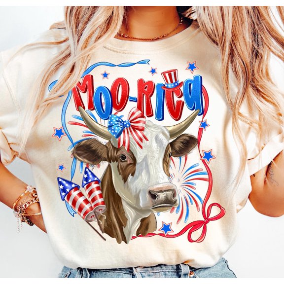 Moo-Rica Cow T-Shirt– Funny Farm Girl 4th of July Tee with Fireworks and USA Flag Cow Graphic