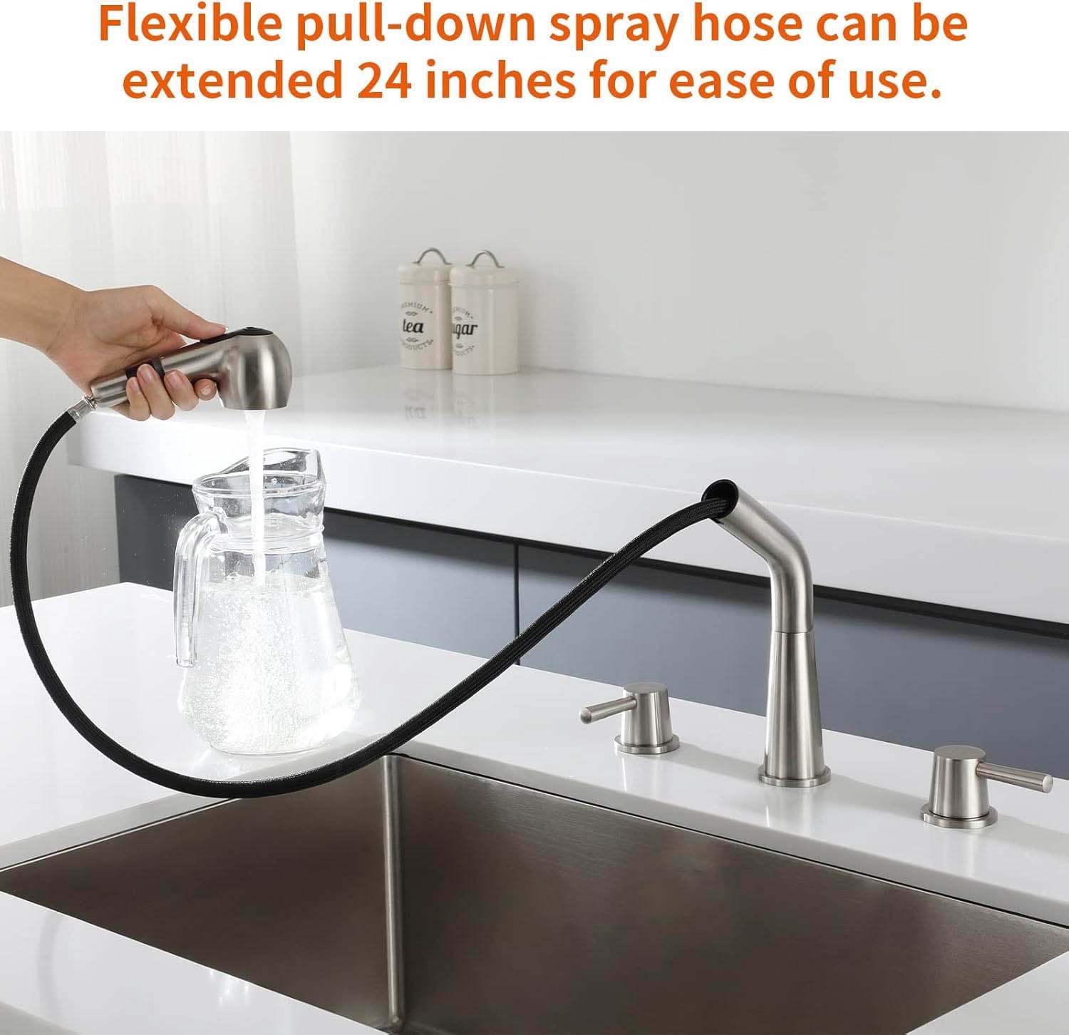 Kitchen Faucet, 2 Handles Sink Faucet, 3 Holes Sink Faucet, Pull Out Faucet, Bar Faucet, Brushed Nickel, Stainless Steel