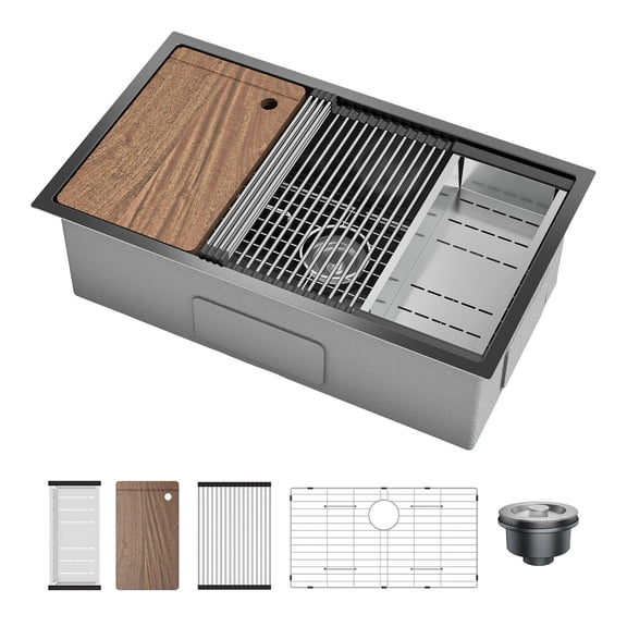 Upgrade-32 Inch Undermount Kitchen Sink Stainless Steel, 32 x 19 Inch Single Bowl Undermount Workstation Sink 10 Inch Deep Commercial 16 Gauge Stainless Steel(5PCS-Not Included Faucet)