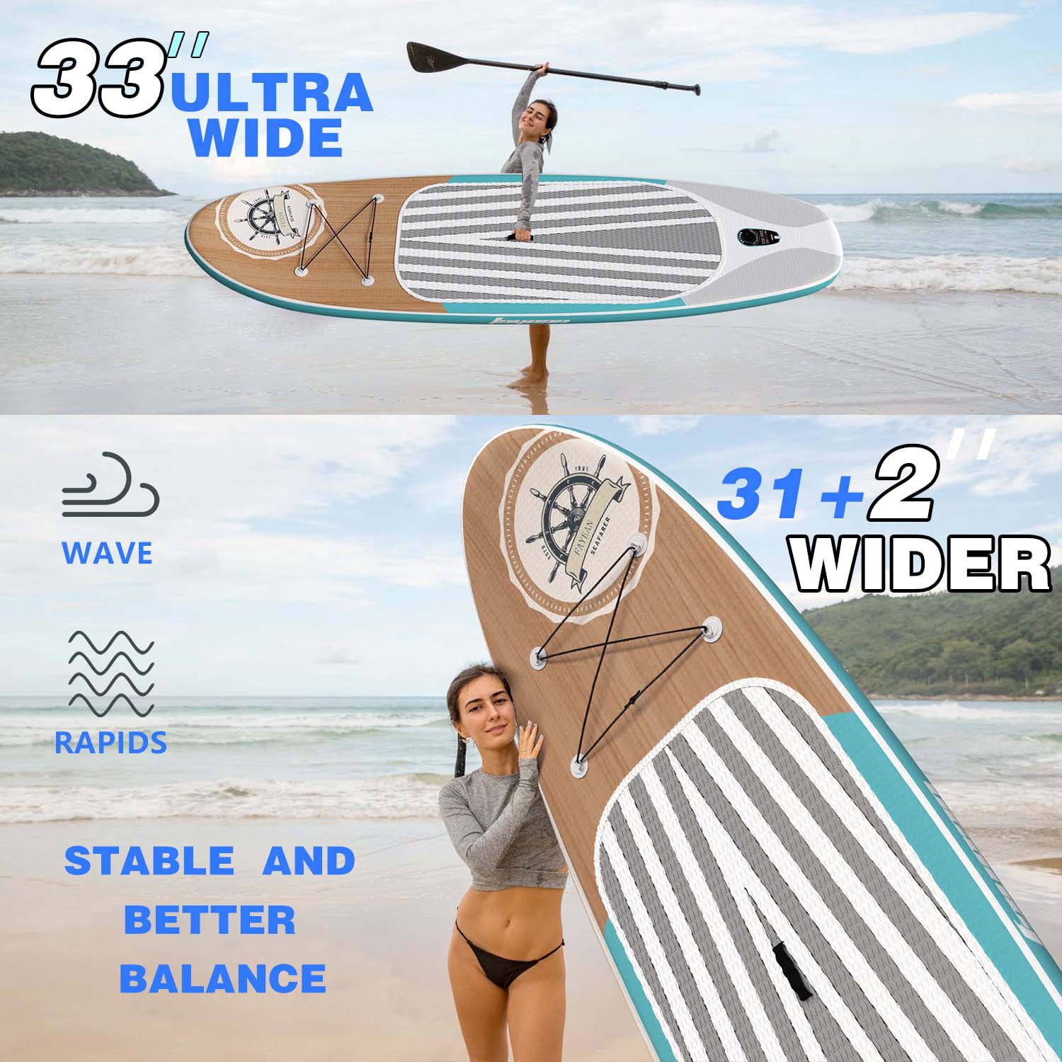 Inflatable Stand Up Paddle Board 10.5’/11’×33”×6” Non-Slip Deck, Complete SUP Accessories for All Skill Levels, Wide Seat & Safety Leash, 3 Fins, Adjustable Paddle, Pump & Backpack