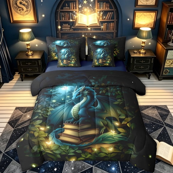 meiyoeat Forest Book Blue Dragon Full Size Bedding Sets for Boys Girls Kids, Magical Animal Full Size Bed in a Bag, Teal, Blue Reversible, 7pcs