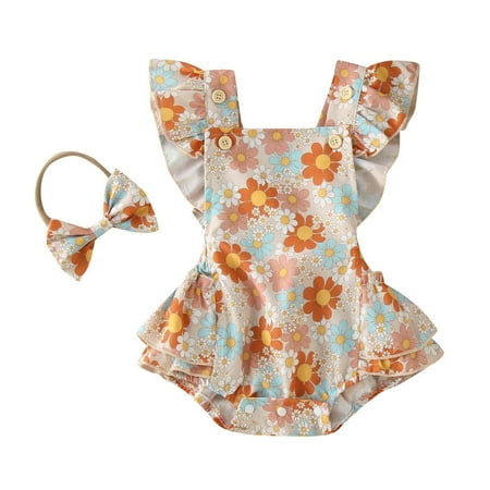 

NIUREDLTD Girls Sleeveless Flower Print Romper Bodysuit For Clothes With Headbands Size 70