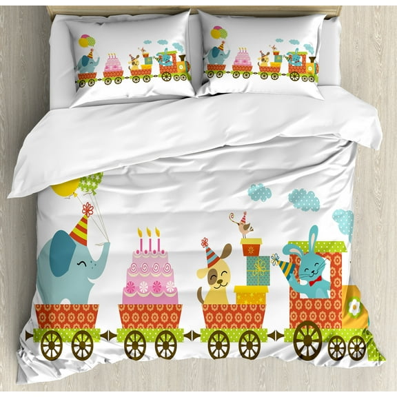Kids Birthday Duvet Cover Set Queen Size, Happy Cartoon Style Cake Dessert Animals Balloons in a Party Train Image, Decorative 3 Piece Bedding Set with 2 Pillow Shams, Multicolor, by Ambesonne