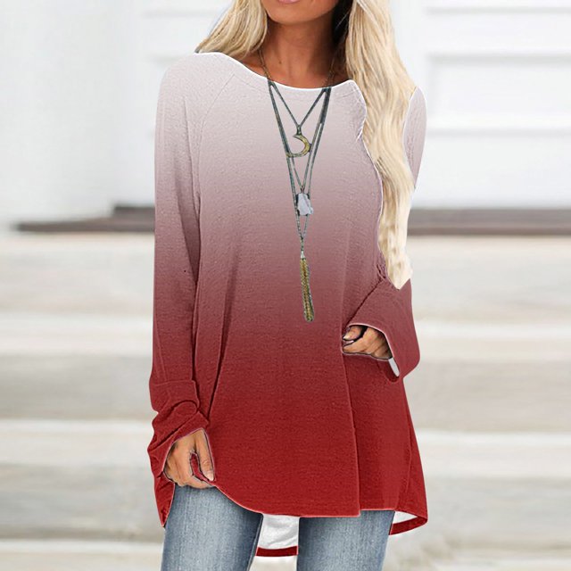 Wiyuqeen T-Shirts à Manches Raglan Longues pour Femmes Chic Décontracté Col Rond Chandail Doux Tendance Couleur Dégradée Chandails à Manches Longues Automne Amples Fluides Longues Tuniques