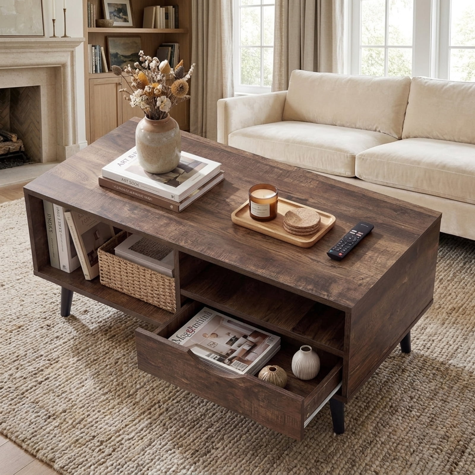 Furnibear Coffee Table with Storage Rustic Rectangle Center Table - Walnut - Living Room Cocktail Center Table