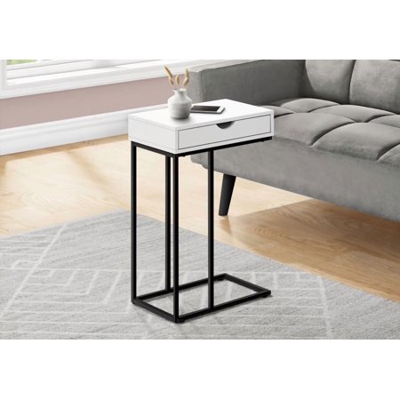 Accent Table - C-shaped, Ideal for Living & Bedroom, White Laminate, Black Metal, Storage Drawer, Slide-Under Feature