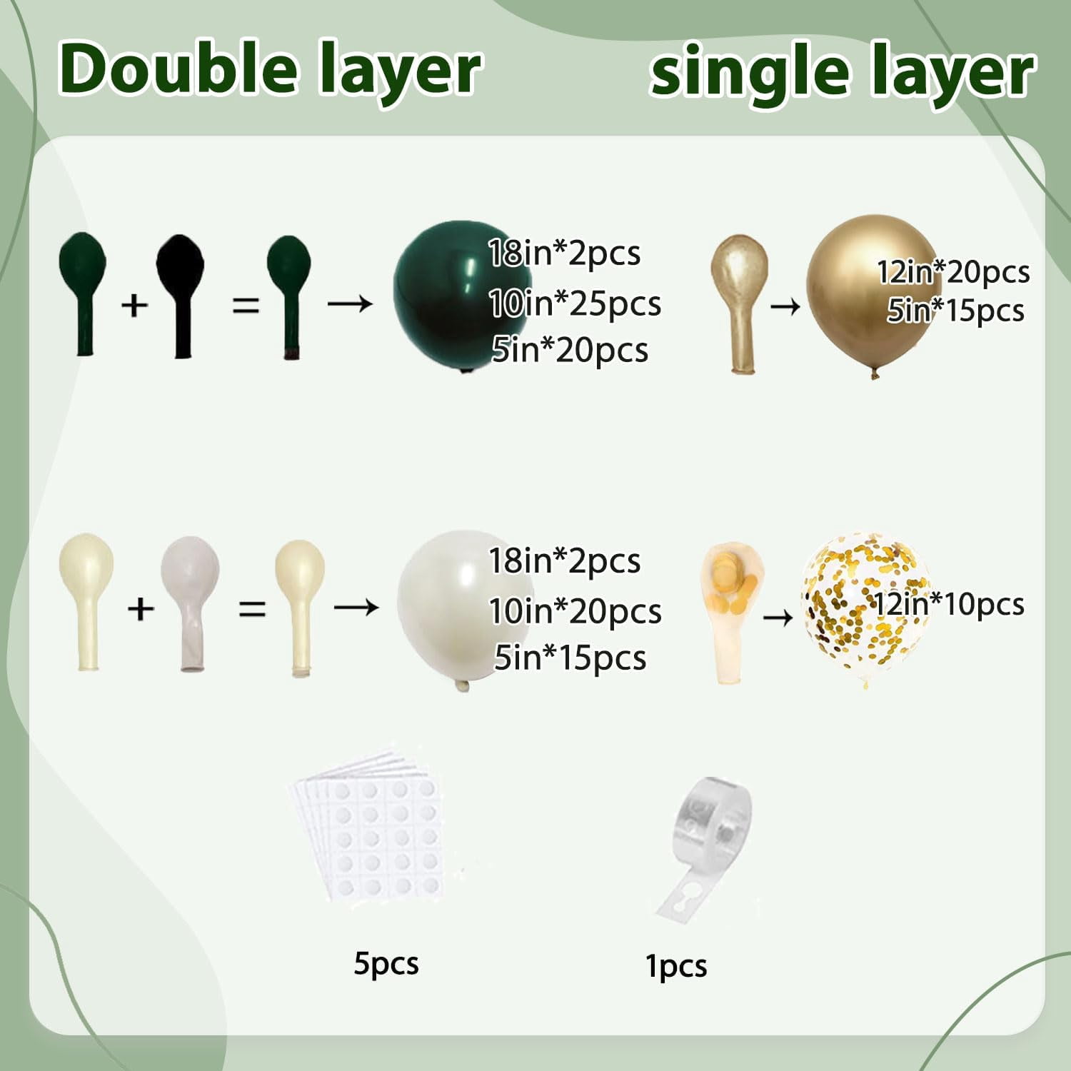 Emerald Green Pearl White Gold Balloons Arch Kit Double Stuffed Dark Green Light Pastel Sand Ivory White Metallic Gold Bobo Balloons for Wedding Baby Shower Birthday Party Decorations