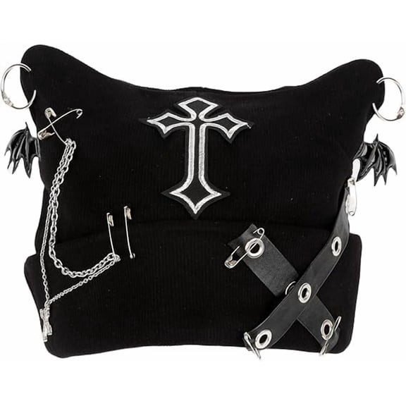 Women’s Y2K Gothic Cat Ear Knitted Beanie – Winter Warm Punk Emo Grunge Hat, Perfect for Gothic Streetwear & Halloween Styling (LR 1 PCS)