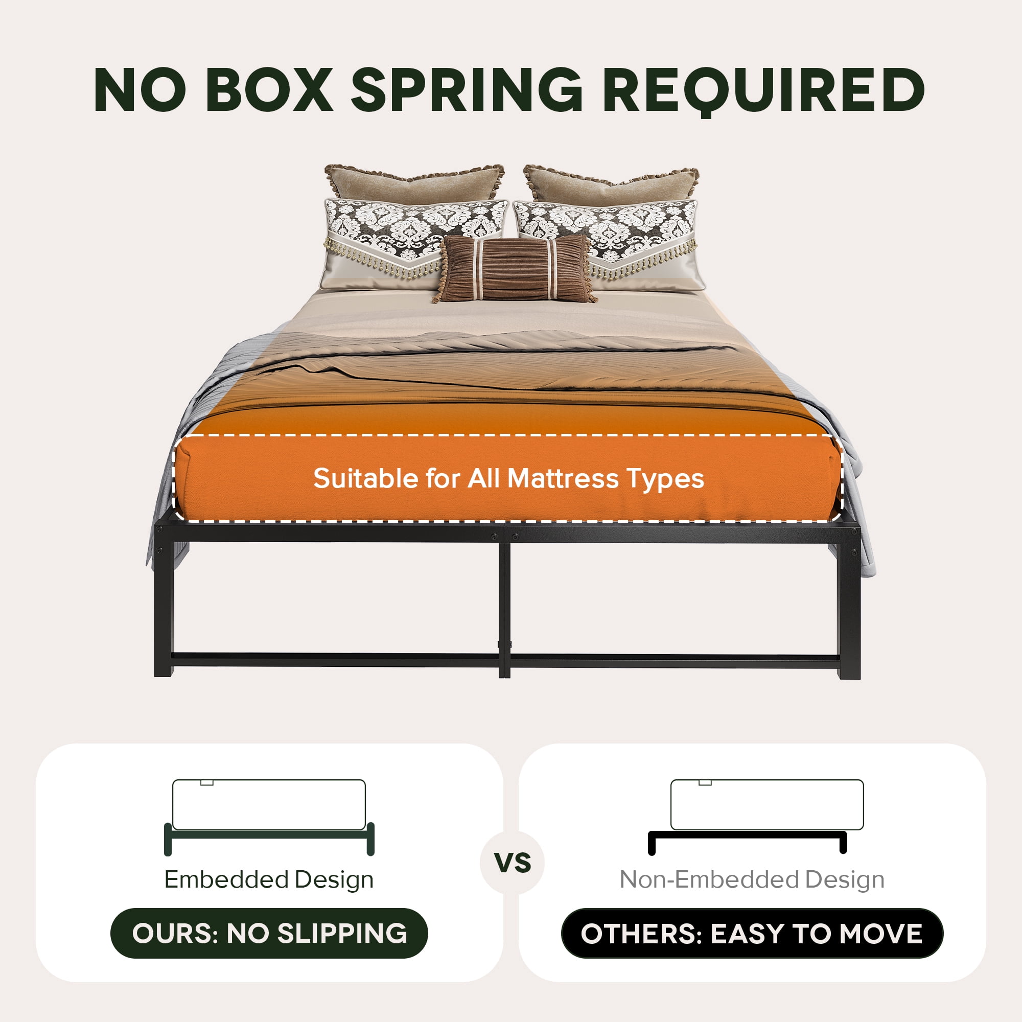 Einfach Queen Bed Frame, Upgraded 14" Metal Bed with Ample Under-Bed Storage Space, Reinforced Frame Structure, 3500 LBS Capacity, Black