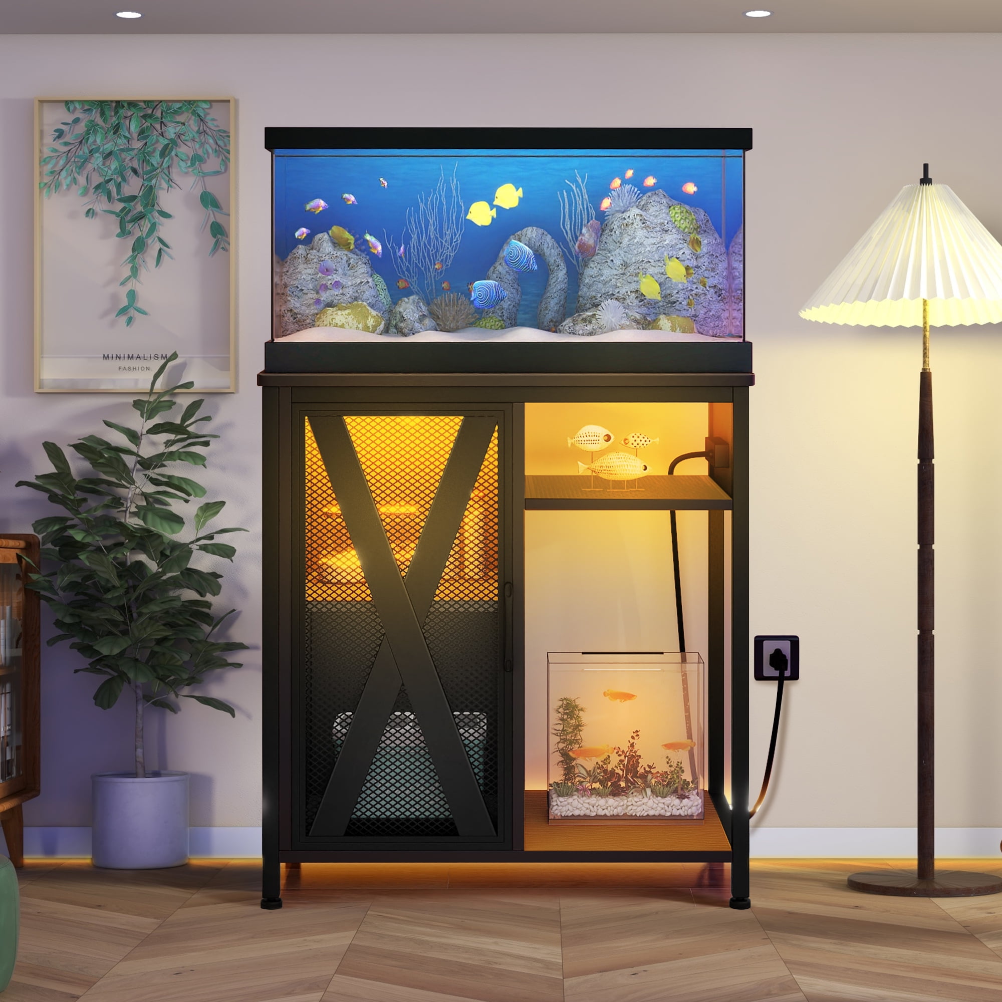 Dextrus Aquarium Stand with Power Outlets & LED Light and Cabinet for 20-29 Gallon Fish Tank Stand, Turtle Tank, Reptile Terrarium - Black