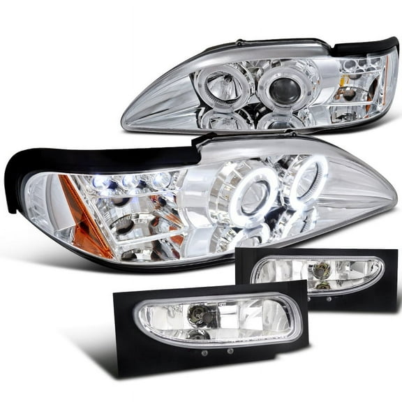 Spec-D Tuning Chrome LED Halo Projector Headlights   Clear Bumper Fog Lamps Compatible with 1994-1998 Ford Mustang Left   Right Pair Headlamps Assembly