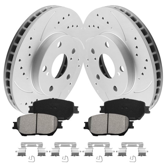 Aurogenix Front Brakes And Rotors For 2002-2006 Toyota Coamry Brake Kit, Geomet Coated OE Drilled And Slotted Brake Rotors And Ceramic Brake Pads, Front Brake Kit