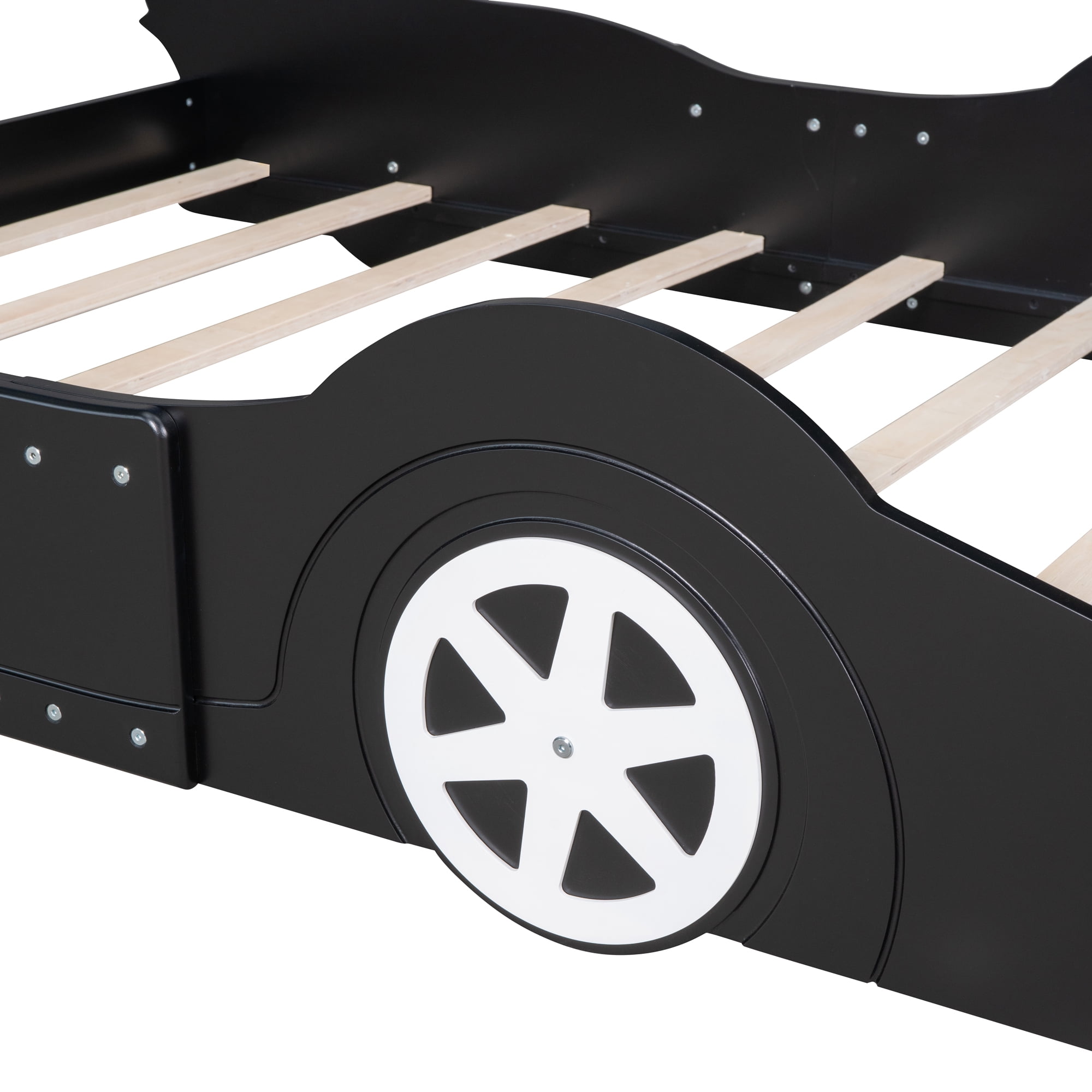 Solid Wood Race Car-Shaped Platform Bed with Wooden Slats, Bed with Wheels, Platform Bed with Headboard and Footboard, No Box Spring Needed (Black,Full)