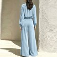 thumbnail image 4 of Szluipve 2 Piece Sets for Women Velvet 2 Piece Matching Outfit High Neck Pleated Long Sleeve Blouse Top & High Waist Wide Leg Palazzo Pants Elegant Party Set with Pockets Sky Blue XL, 4 of 9