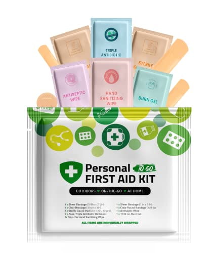 Personal First Aid Kit - Case of 100 | Clean, Treat, Protect Minor Cuts, Scrapes and Burns | Perfect for Home, Office, Car, School, Business, Camping | Individually Wrapped First Aid Products (Green)