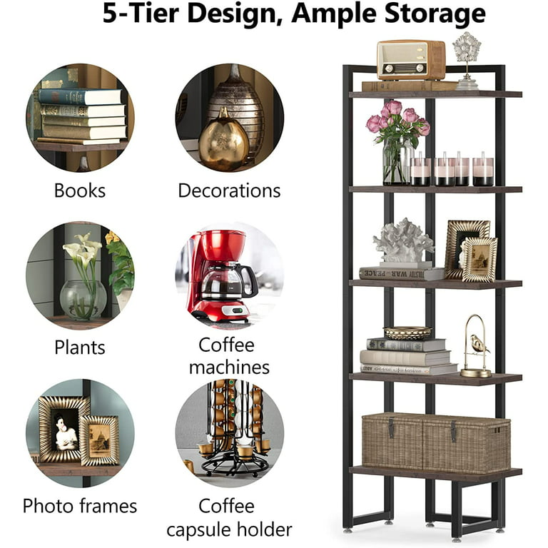 Corner Shelf Freestanding, Industrial 5 Tier Wood Wall Corner Bookshelf  with Metal Frame, Corner Storage Rack Shelves Display Plant Flower, Stand