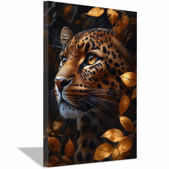 Mudket Golden Autumn Leopard Canvas Wall Art, Leopard Print Trendy Wall Decor Framed Ready to Hang for Living Room Office - 12"L x 8"W