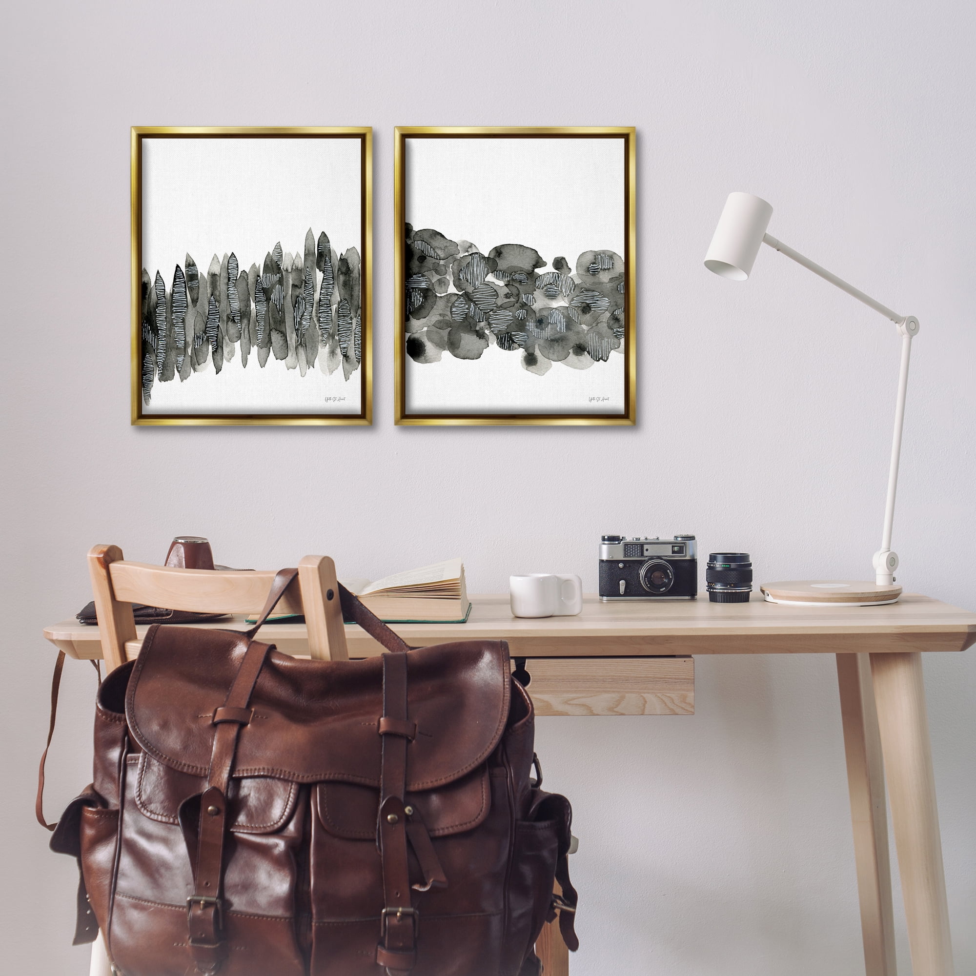 Stupell Industries Abstract Charcoal Kindling Abstract Painting Gold Floater Framed Canvas Art Print Wall Art, 17 x 21, Set of 2