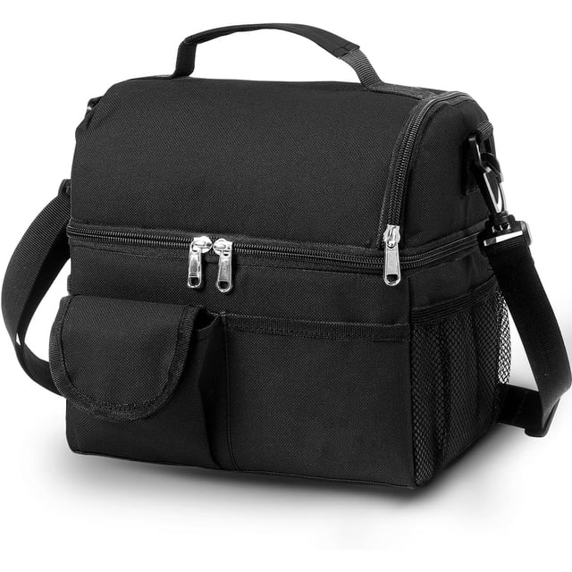 Lonchera Térmica con Doble Compartimento, Bolsa de Almuerzo con Correa para El Hombro. (Negro)