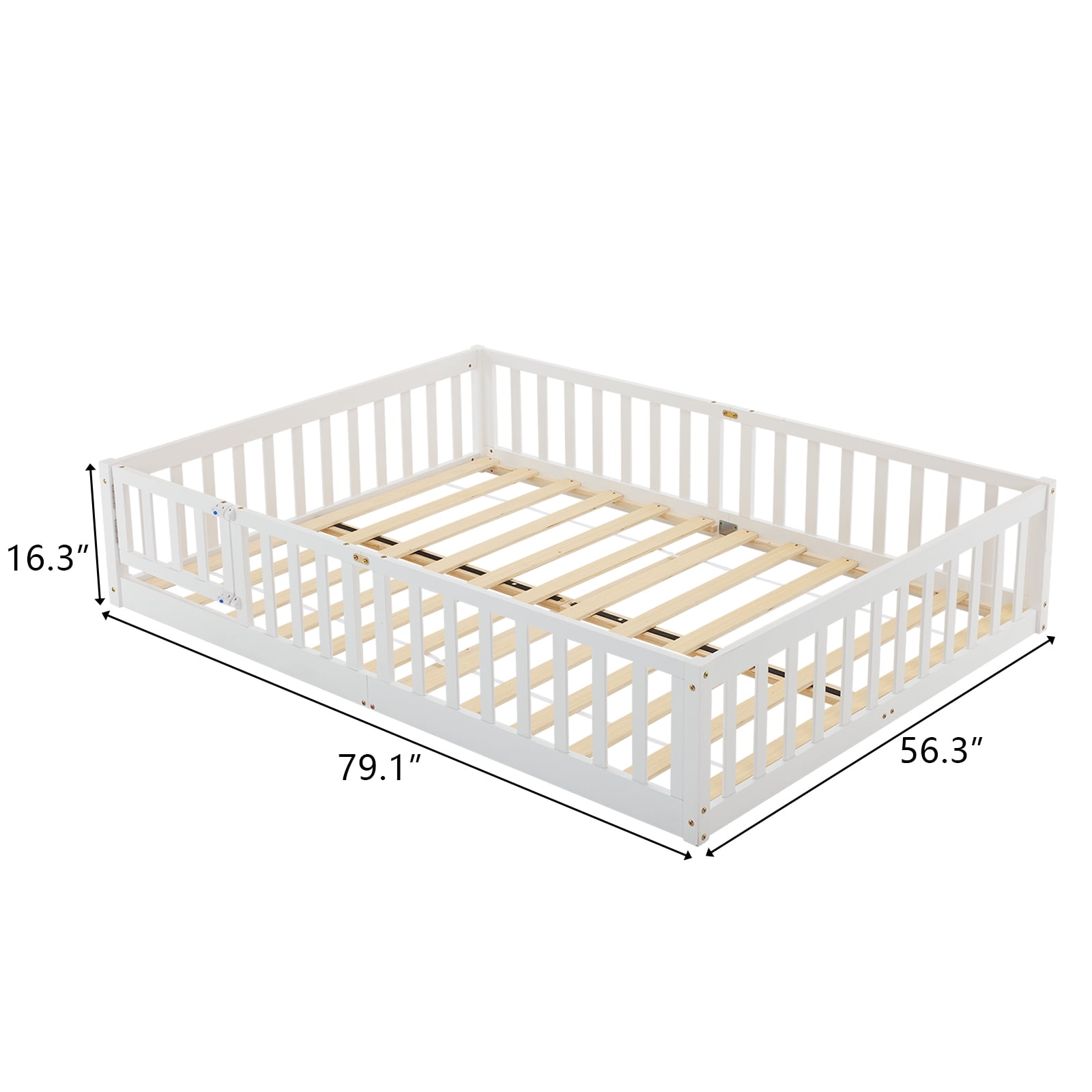 Ktaxon Montessori Full Floor Bed with Safety Guardrails, Toddler Bed Frame for Kids, Wood Frame - White