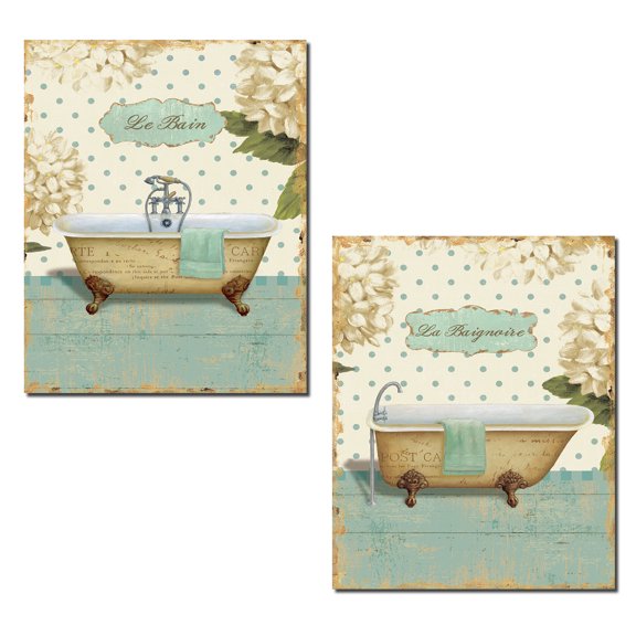 Two Vintage-Style 'Le Bain' and 'La Baignoire" Bathtub Floral Set by Daphne Brissonnet; Two 11x14in Poster Prints