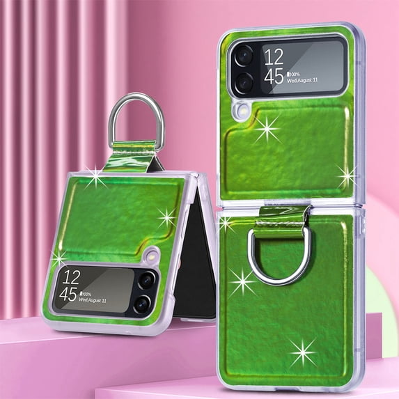 Mantto For Samsung Galaxy Z Flip 4 Case, Luxury Laser Ultra Slim Leather Case for Shockproof PC Bumper & Leather Back Wireless Charging Cover for Samsung Galaxy Z Flip4, Green