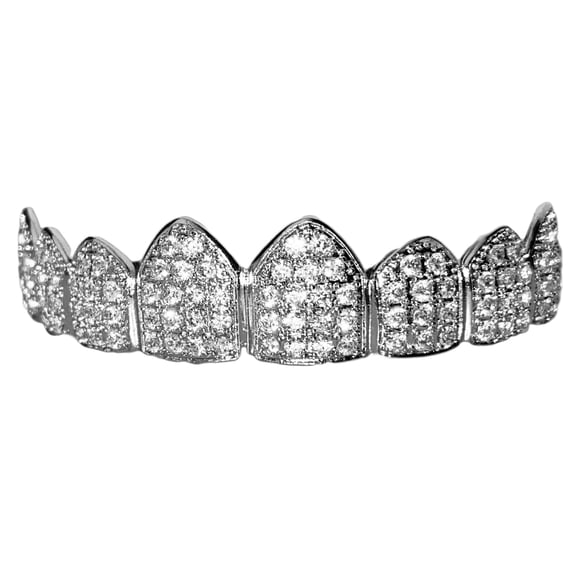 Mens Grillz Eight Top Teeth Silver Tone Micro Pave Bling Iced CZ 8 Tooth Premade Hip Hop Grills