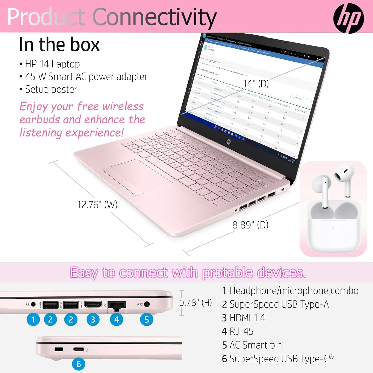 HP Ultralight 14 inch Laptop with Intel 4-Core Processor • with Microsoft 365 and Wireless Earbuds • 8GB RAM • 128GB SSD& 128GB Onboard & 1TB Cloud Storage • HD Display • Pink • Windows 11