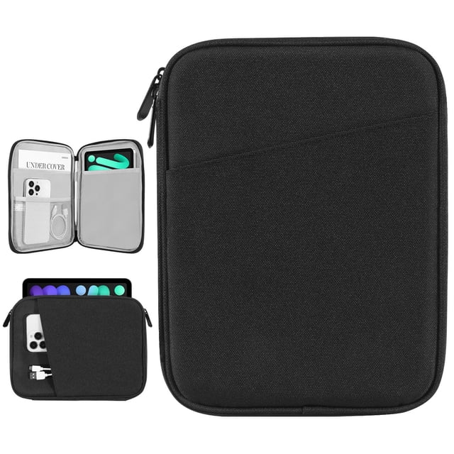 funda para tablet dadanism para ipad mini 8-9 pulgadas y galaxy tab funda negra tipo sleeve con cierre de cremallera doble; vista frontal centrada, cuerpo rectangular acolchado en poliéster resistente a salpicaduras y bolsillo exterior diagonal. Interior con forro suave, compartimento principal para tablet, bolsillos interiores dobles para cargadores o power bank y bolsillo de malla para auriculares. Dimensiones 10.03 x 7.48 x 0.78 in. También suele usarse para organizar accesorios de viaje pequeños.