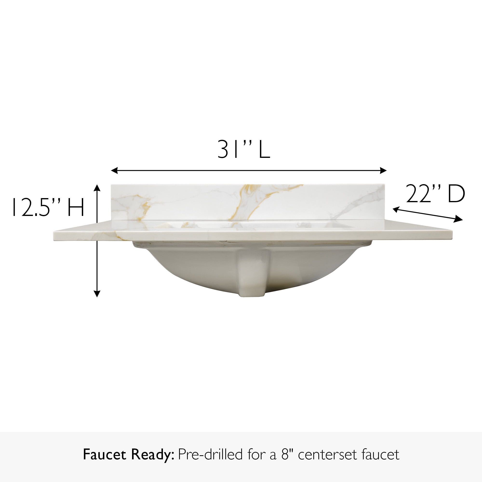 Design House Calesco Calacatta Quartz Bathroom Vanity Top with Sink and Backsplash with 4" Centerset, White/Taupe/Gray